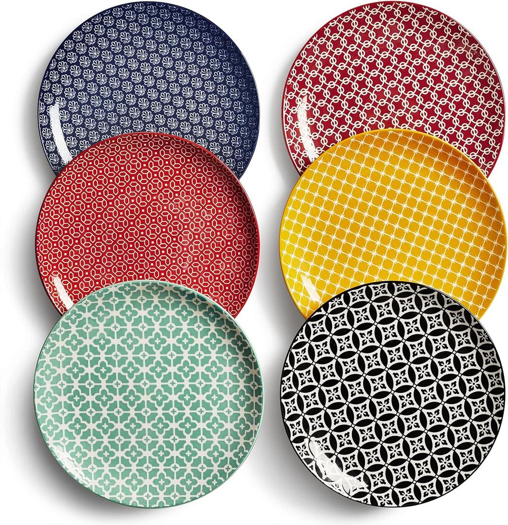 DOWAN 8.5" Salad Plates Set of 6, Ceramic Dessert Plate for Appetizer, Sushi, Microwave, Oven & Dishwasher Safe, Colorful Design Perfect for Party, Wedding, Birthday, Mothers Day Gifts
