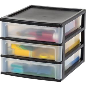 IRIS USA Plastic Stacking Desk Top 3-Drawer Storage Organizer, 1-Pack, for Makeup Vanity Nail Polish Bathroom Stationery Art Craft Supplies Kitchen Office Garage and Small Organization, Medium, Black