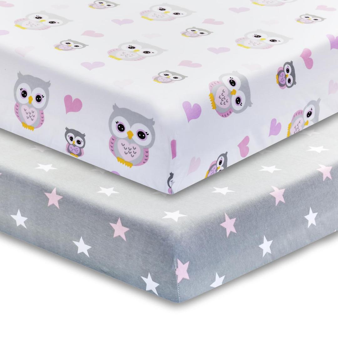 2 Pack Fitted Crib Sheets for Girls in 100% Jersey Knit Cotton Girls Crib Mattress Sheets with a Nature Theme of Owls with Purple and Pink Hearts and a Gray Sheet with Pink Hearts by Everyday Kids