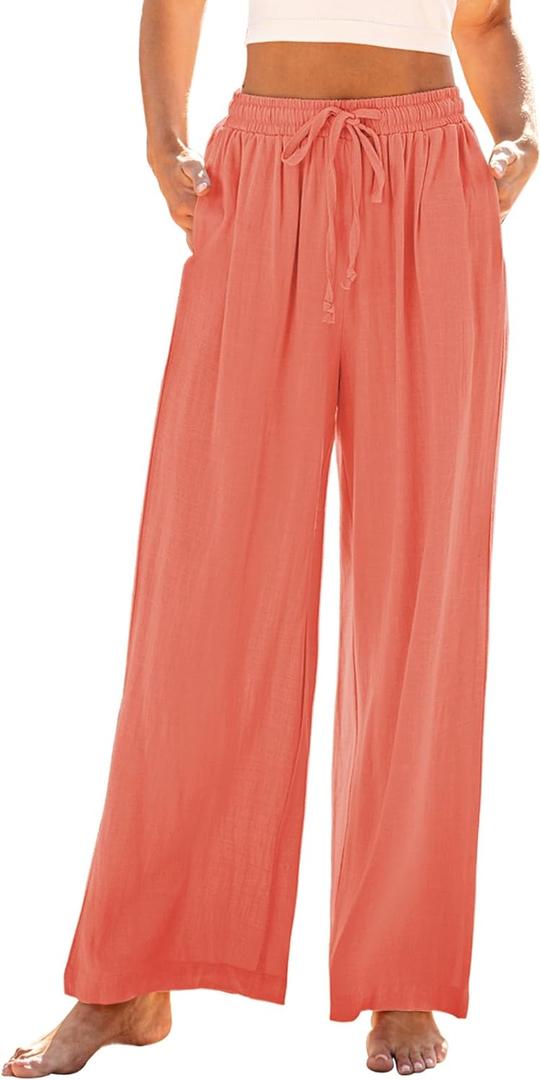 GRAPENT Wide Leg Pants Woman Linen High Waisted Pull On Flowy Casual Baggy Drawstring Palazzo Trousers Pants Resort Wear (Medium)