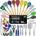 Kaluns 50 PCS Silicone Kitchen Utensils Set Complete Kitchen Set - 800F Heat Resistant Non-Stick Premium Cooking Utensils W Wooden Handles - Can Opener, Masher, Turner, Silicone Spatula Set (Multicolor)