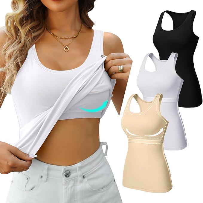 V FOR CITY Racerback Tank Tops for Women with Shelf Bra Cotton Wide Strap Camisole Yoga Cami Shirts, 2 Pack, Medium