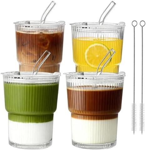 Glenkach Ribbed Glass Tumbler with Lid and Straws, Resuable Ice Coffee Cups, To Go Iced Coffee Cups for Water, Smoothie, Matcha, Iced Tea Fruit Juice, Clear, 13oz, Set of 4