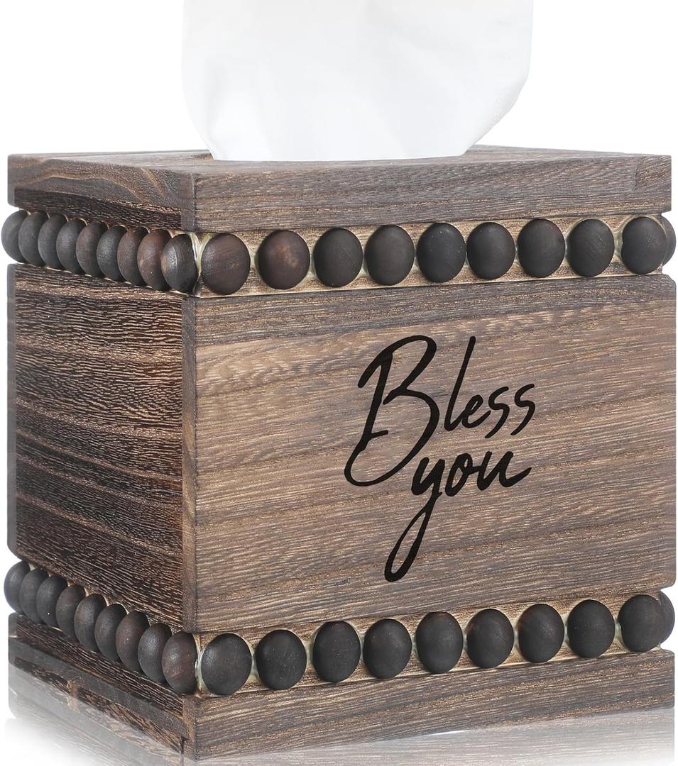 Lineshading Bless You Beaded Square Tissue Box Cover, Rustic Farmhouse Vintage Wooden Tissue Holder Box Distressed Napkin Holder for Table Bathroom Decor (Brown)