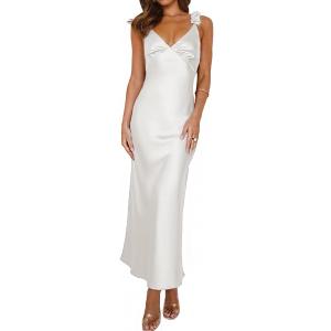 Phicia Summer Satin Spaghetti Strap V Neck Midi Dresses for Women Wedding Guest Elegant Flower Backless Cocktail Formal Dress (X-Large, White)