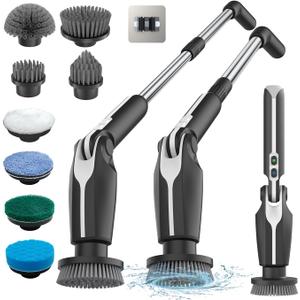Leebein Electric Spin Scrubber, Shower Scrubber with 4 Adjustable Angles and 8 Brush Heads, Electric Scrubber with Long Handle & Remote Controller, Cleaning Brush for Bathroom, Tub, Floor (Black)