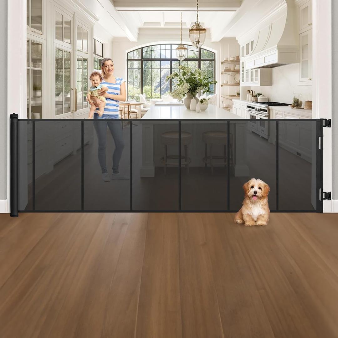120 Inch Extra Wide Retractable Baby Gate for Large Opening, 33 Tall, Upgraded Dog Gate with Fiberglass Rods for Doorways, Indoor & Outdoor and Stairs, Black