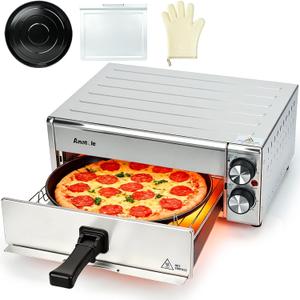 Anatole Electric Pizza Oven Indoor Air Fryer 12" 1800W Stainless Steel Countertop Pizza Maker Convection Cooker Time Temperature Adjustable with Removable Crumb Tray ETL Certified, 17.2''l * 14.6''w * 7.3''h