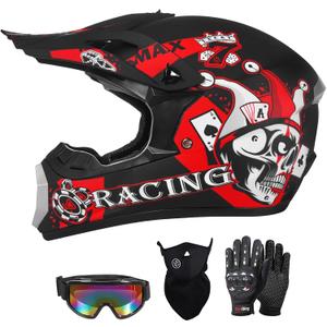 SPARK DOT Youth Motocross Helmet Kids Dirt Bike Helmets - Full Face, Lightweight & Breathable for Off-Road E-Bike BMX MX ATV (with Gloves Goggles Mask) 4Pcs Set, Medium (57-58cm), Joker Black