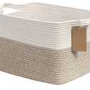 Goodpick Woven Storage Basket, Cotton Rope Basket for Dog Toys, Books, Stylish Gift Basket with Handles, 13 x 10 x 9 Inches Square Baskets for Organizing, Brown and White