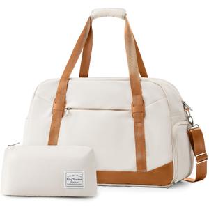 LONG VACATION Women's Travel Duffel Bag with Toiletry Bag, Sports Gym Bag Weekendeer Carry-on Tote with Shoe Compartment and Wet Pocket, Yoga Bag Fit 17.3inch Laptop (BEIGE & BROWN, 21-inch)
