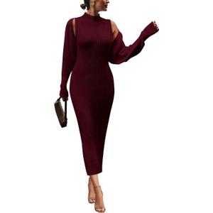PRETTYGARDEN Womens Fall 2 Piece Outfits Bodycon Maxi Tank Pullover Sweater Dress and Long Sleeve Cropped Cardigan Knit Sets (Large, Wine Red)