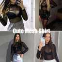 Mesh Top for Women Long Sleeve Mock Neck Mesh Shirt Sheer Top Solid Floral Tee Shirts S-XXL (Black, S)