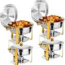 ROVSUN Gold Chafing Dishes for Buffet, 5 Qt 4 Pack Round Stainless Steel Chafing Dish Set with Lid Holder, Buffet Warmer Set for Parties, Christmas ...