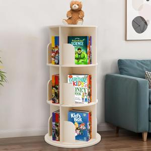 Rotating Kids Bookshelf 3-Tier 360 Spinning Bookcase Tower, Solid Pine Wood, 12 Cubbies, Toddler Bookshelf Organizer & Lazy-Susan Storage for Nursery, Classroom or Playroom (Natural Finish)