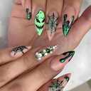 Halloween Press on Nails Almond Fake Nails Green Ghost Spiderweb False Nails with Green Glitters Rhinestones Blood Designs Glossy Halloween Medium Length Acrylic Glue on Nails for Women and Girls, Set of 4