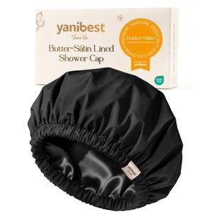 Yanibest Shower Cap for Women Reusable Waterproof,Satin Lined Bath Cap with Soft Elastic Band,Large Washable Hair Caps for Shower (Black)