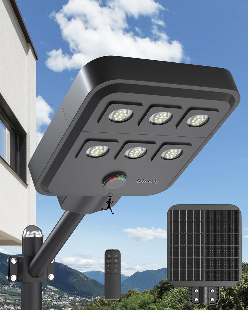 Ofuray Of-5000W Solar Street Lights Outdoor,6500K Commercial Dusk to Dawn Flood Light with Motion Sensor, IP67 Waterproof 60LED High Power Security Lighting for Parking Lot,Yard (Cool-White)
