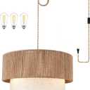 Plug in Pendant Light, 18" Rattan Plug in Chandelier with Linen Fabric Shade, E26 On/Off Switch, Plug in Hanging Pendant Light for Dining Room Living Room Kitchen Foyer