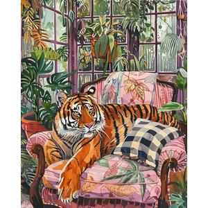 Tiger Lounging on Armchair Paint by Number Cute Animal Retro Painting DIY Painting on Canvas with Brushes Acrylic Paints Paint by Numbers for Adults and Beginner DIY Kit, 16x20 Inch (without Frame)