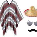 Yahenda 4 Pcs Colrful Costume Set for Adults Include Colrful Serape Poncho Sombrero Sunglasses Moustache