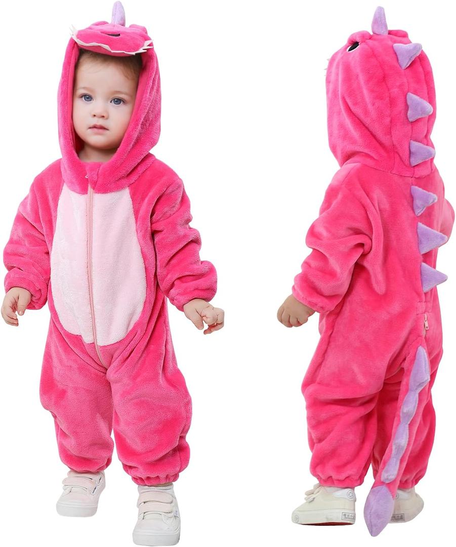TONWHAR Dinosaur Costume for Toddlers, Baby Animal Romper Halloween Dress Up Onesie for Boys Girls (12-18 Months, Rose)