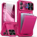SSLOTSCASE for iPhone 17 Pro Case with 2X Screen Protector, [9H Hardness] Military Grade Shatterproof, Card Holder & Kickstand & Slide Lens Cover, Heavy Duty Phone Case for iPhone 17 Pro 6.3'', Pink