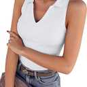 SANDERY Womens Ribbed Tank Top Sleeveless Tops Collared V Neck Polo Shirts Slim Fit Knit Basic Going Out Tops 2025 Small, White 