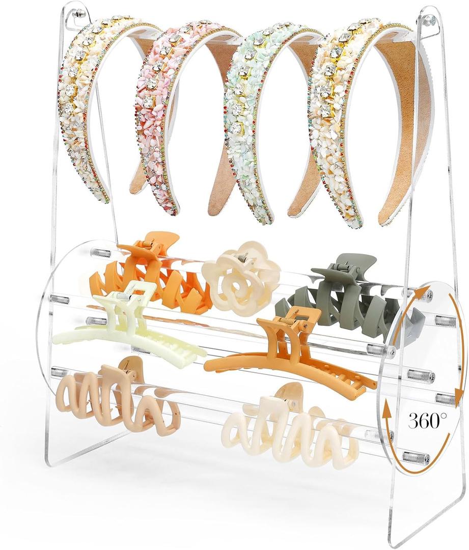 PABOBIT Acrylic Headband Holder Claw Clip Organizer,360-Degree Rotating Clip Holder Clear Headband Organizer Hair Hoop Dispaly Stand Hair Accessories Storage for Women and Girls