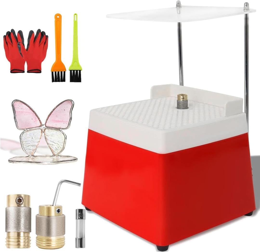 Podoy Upgrade Stained Glass Grinder Kit 4300r/min with 5/8" & 1" Diamond Grinder Bit+Acrylic Baffle& Stand, 110 V 65W Mini DIY Power Industrial Glass Ceramics Grinding Tool -Red