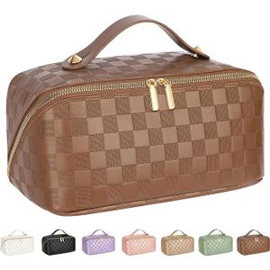 Large Capacity Travel Cosmetic Bag  Portable Makeup Bags for Women Waterproof PU Leather Checkered Makeup Organizer Bag with Dividers and Handle,Toiletry Bag for Cosmetics, Brown