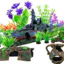 Aquarium Artificial Plastic Plants Decorations and Sunken Ship Set Goldfish 14 PCS Large Fish Tank Accessories Goldfish Betta Tank Decor (colorful)