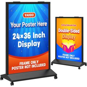 Heavy Duty Rolling Sidewalk Sign 24x36 Inch - Double-Sided Sandwich Board Poster Stand with Wheels, Slide-in Floor Standing Sign Holder Stand for Outdoor Business Advertising (Frame only)