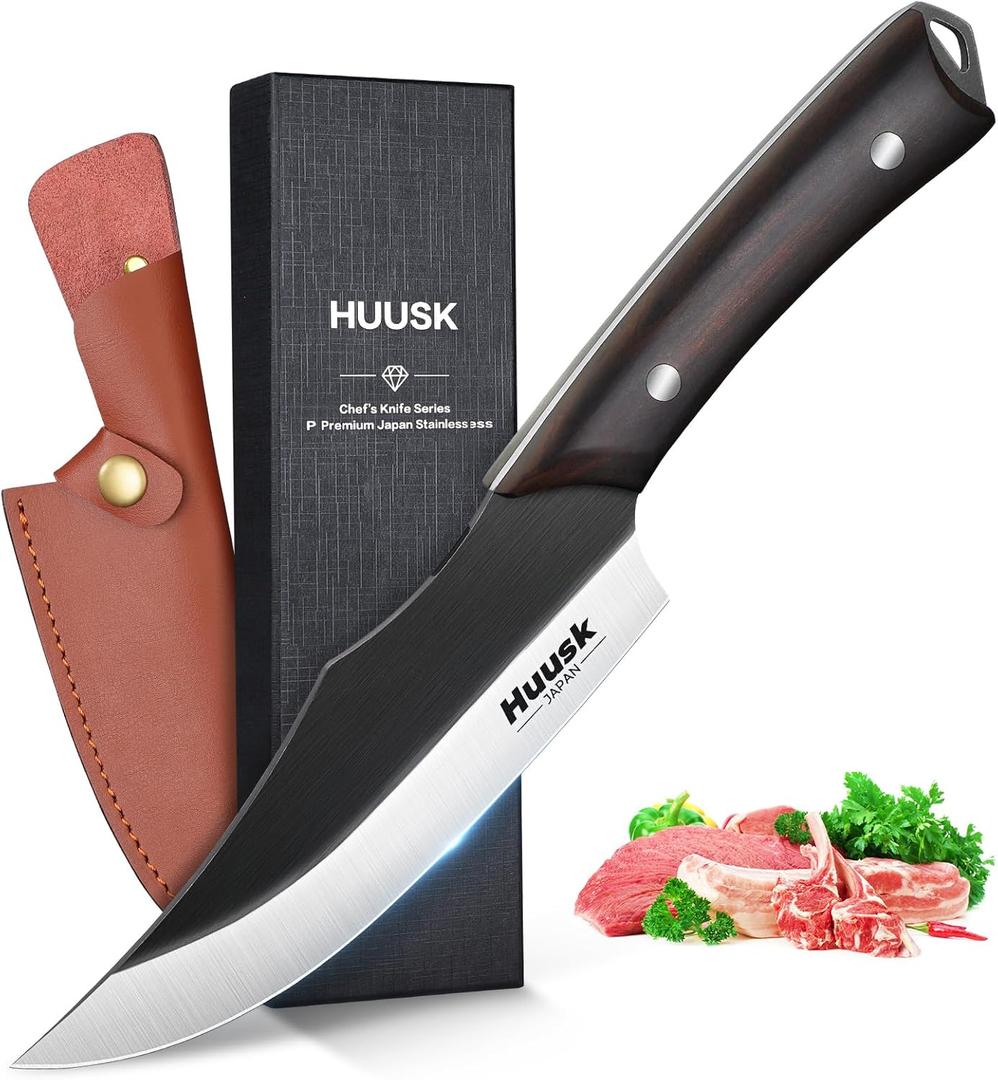 Huusk Butcher Knife for Meat Cutting,Japanese Boning Knife Meat Cleaver Knife with Sheath,Japan Chef Knife for Kitchen and Outdoor, Thanksgiving Christmas Gift for Dad
