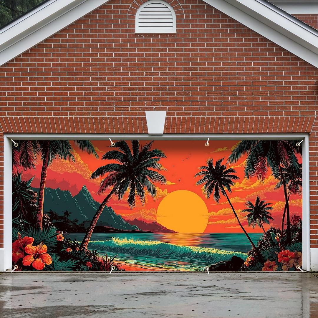 6x13 FT Tropical Sunset Garage Door Banner - Hawaiian Palm Tree Ocean Beach Backdrop, Large Indoor Outdoor Garage Door Cover,Summer Decoration for Home,Yard, Luau Party, Vacation Theme