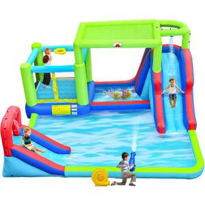 WELLFUNTIME Inflatable Water Slide & Water Park with Blower, Dual Bounce House Jumping Castle with Sunshade, Climbing Wall & Basketball Hoop, 176 x 171 x 84 inches