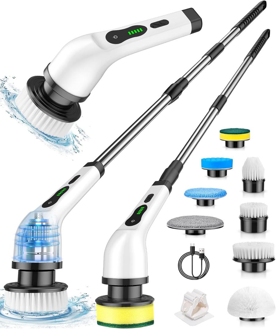 Electric Spin Scrubber, Cordless Cleaning Brush, Shower Scrubber with 8 Brush Heads 2H Power Dual Speed, Adjustable Extension Handle, IPX7 Waterproof for Tub Tile Car Floor Polishers, PA-25
