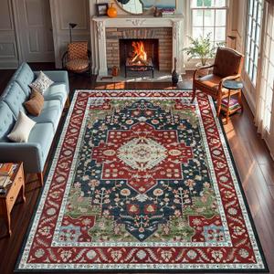 Area Rugs for Living Room 9x12 Machine Washable Rugs, Non Slip Floral Vintage Rug Indoor Carpet, Stain Resistant Large Rug for Bedroom Dining Room, Red Green