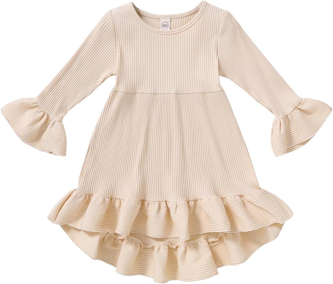 YOUNGER TREE Toddler Baby Girls Fall Clothing Solid Cotton Pit Irregular Skirt Winter Dress Long Sleeve Skirt Outfits (1-2T, Apricot)