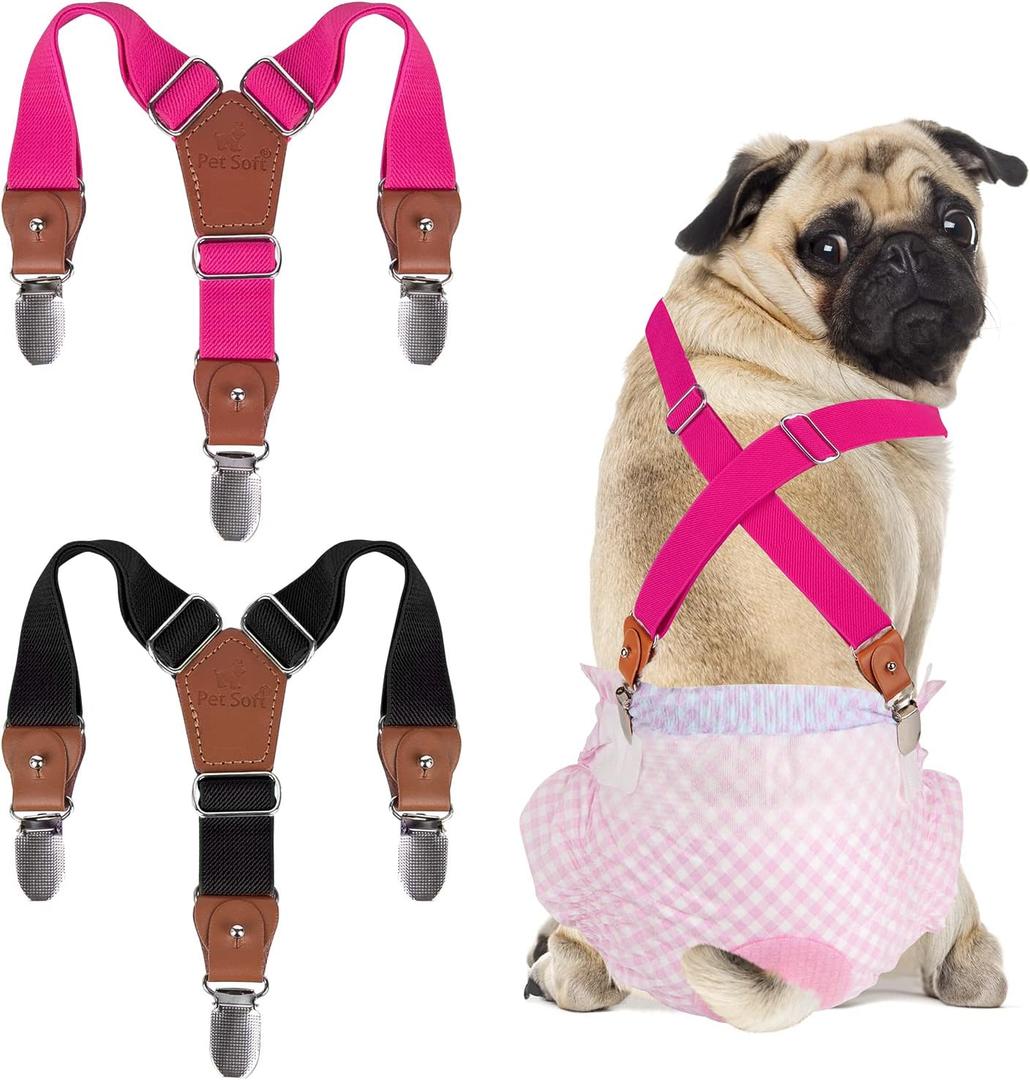 Pet Soft Dog Suspenders 2 Pieces Female Dog Diaper Suspenders for Dogs Diaper Keeper Suspender for Dogs Skirt, Doggy Dress (Black & Pink, S/M)