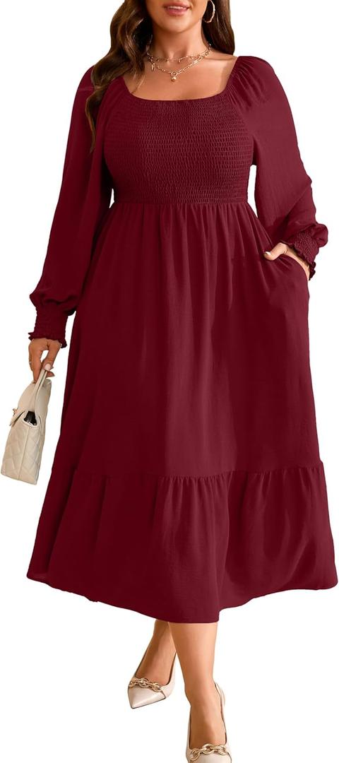 Women's Fall Dresses 2025 Puff Long Sleeve Square Neck Dress High Waist Smocked A-Line Flowy Wedding Party Plus Size Maxi Dress with Pockets Red 3XL