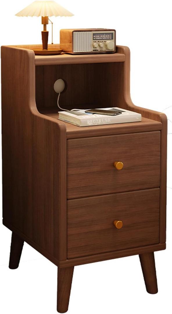 Solid Wood Small Nightstand Walnut, Narrow Nightstand with 2 Drawers, Mid-Century Modern Style Bedside Table for Bedroom, Easy to Assemble, Perfect for Tiny & Narrow Spaces (Walnut, 30cm)