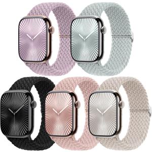 5 Pack Braided Stretchy Bands Compatible with Apple Watch Bands Women Men 38mm 40mm 41mm 42mm 44mm 45mm 46mm 49mm,Nylon Solo Loop Elastic Straps Cloth Wristbands for iWatch All Series 1-10 SE Ultra (Starlight-Silver/Series8-Succulent/Light Purple/Pink Sand/Black)