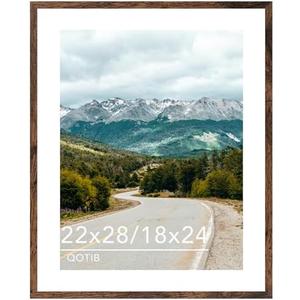 QOTIB Wood 22x28 Picture Frame with 18x24 Mat, Display 18x24 with Mat or 22x28 Without Mat, Wood 22 by 28 Photo Frame, 22 x 28 Frame for Wall Hanging Display, Deep Brown