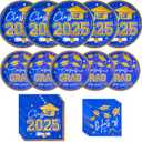 2 x 2025 Graduation Plates and Napkins ,Blue and Gold Class of 2025 Congrats Tableware,Disposable Luncheon Plates & Cocktail Napkins for Graduation Party Decorations,Serve 30