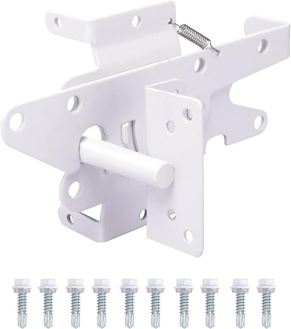 Heavy Duty Gate Latch, Post Mount Automatic Self-Closing Gate Latch,for Wooden/Vinyl Fence, Pool gate,Garden Outdoor, W/Mounting Screws (White)