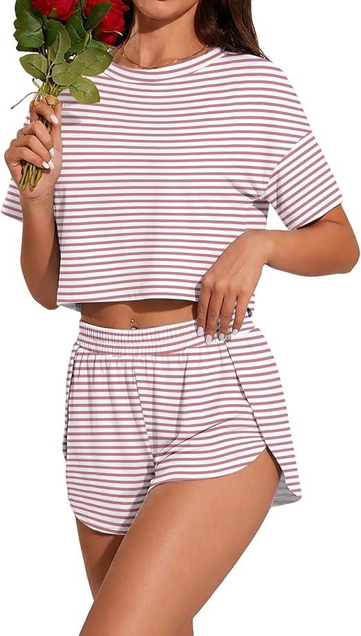PrinStory Womens Pajama Sets Side Split Shorts Pj Set Cute Pjs 2 Piece Summer Lounge Sets, XL