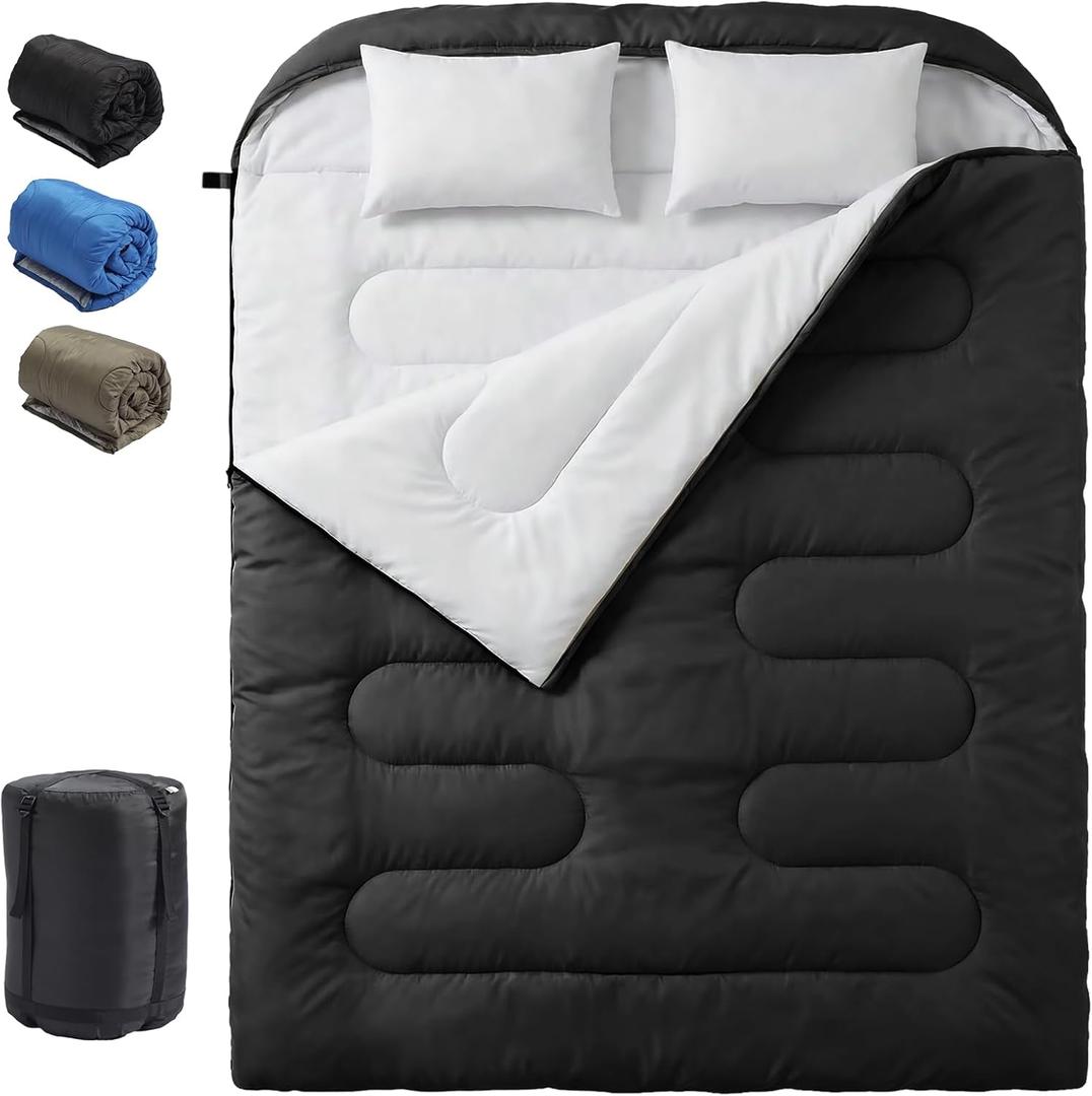 OLIXIS Double Sleeping Bag for Adults with Pillow, Lightweight Portable Large 2 Person Sleeping Bag, Cold Weather Warm Zipper Sleep Bags for 3 Seasons Backpacking/Camping/Hiking/Outdoor Adventure