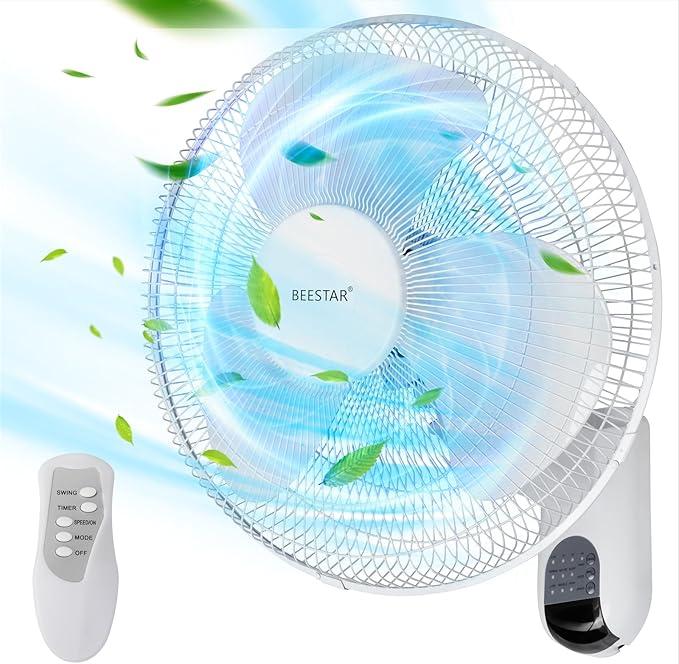 BEESTAR 16 Inch Oscillating Wall Mount Fan, 90 Degree, 3 Speeds, With 6 ft Cord, High Velocity for Bedroom, Home Office, Garage (Remote Control Model), White