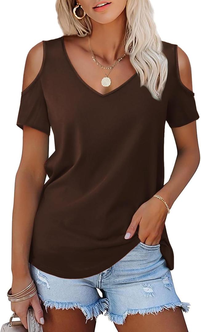 Amoretu Casual Cold Shoulder Tunic Top Short Sleeve Shirts for Women (Brown, XL)
